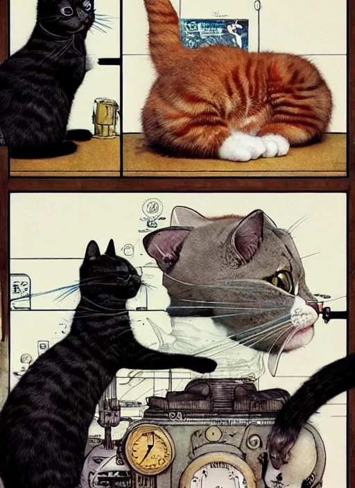 Image similar to a hyper realistic ink cat in a spaaceship 6 panel comic by chiara bautista and norman rockwell and greg rutkowski weta studio, and lucasfilm