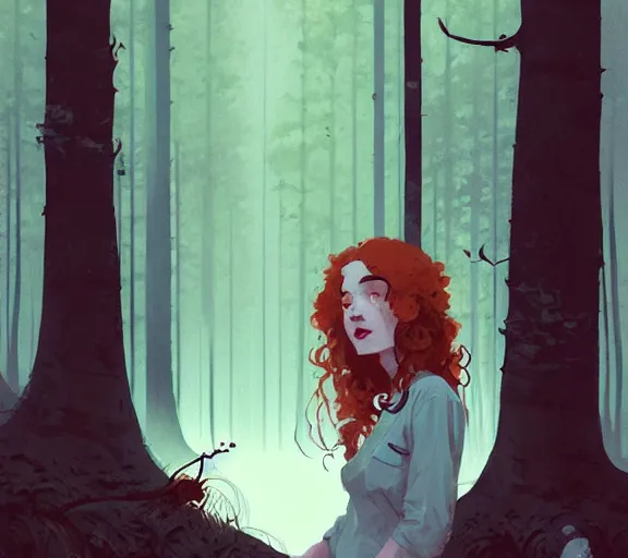 Image similar to portrait woman with long ginger curly hair in the woods, by atey ghailan, by greg rutkowski, by greg tocchini, by james gilleard, by joe fenton, by kaethe butcher, by ashley wood, dynamic lighting, gradient light blue, brown, blonde cream and white color scheme, grunge aesthetic