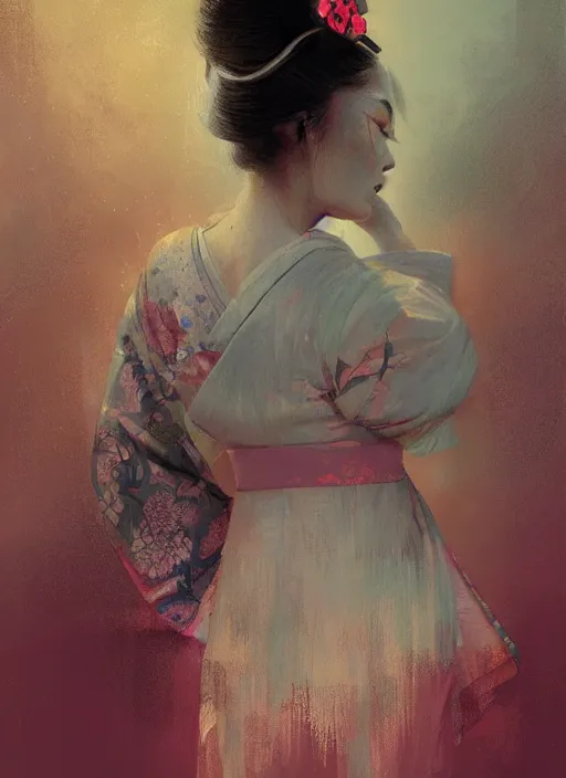 Image similar to female geisha girl, beautiful face, neon, rule of thirds, intricate outfit, spotlight, by greg rutkowski, by jeremy mann, digital painting