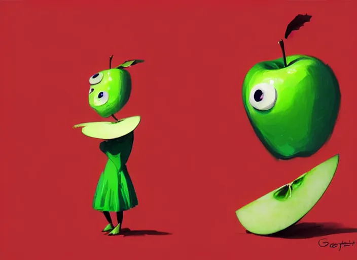 Prompt: a digital painting of a beautiful anthropomorphic humanoid green apple wearing a red dress, by netter, style from greg rutkowski, googly eyes, full frame, oil painting, featured on artstation, concept art, smooth, sharp focus, illustration, very detailed, ambient lighting, unreal engine render, concept art by Atey Ghailan, by Loish, by Bryan Lee O'Malley