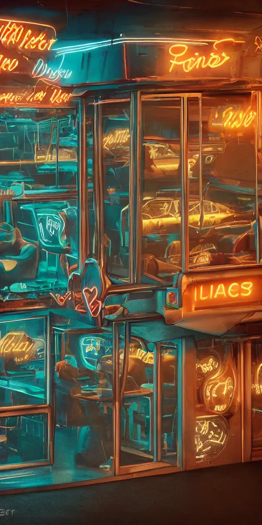 Prompt: vertical movie frame 6 0's retro diner interior, neon - decorated urban on night in the city seen through the window, modern interior design, architectural design, vintage, night blade runner, dark, postapocalyptic, clean lines, 4 k, octane, miyazaki film, lunarcore city seen at distance outside, big windows, octane, wide angle