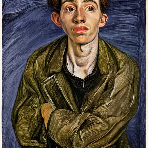 Prompt: detailed portrait of a young confident, timid young man, by lucian freud, francis bacon, john chamberlain, willem de kooning, andreas franke, jean giraud, rob gonsalves, james gurney, james jean, ruan jia, gustav klimt