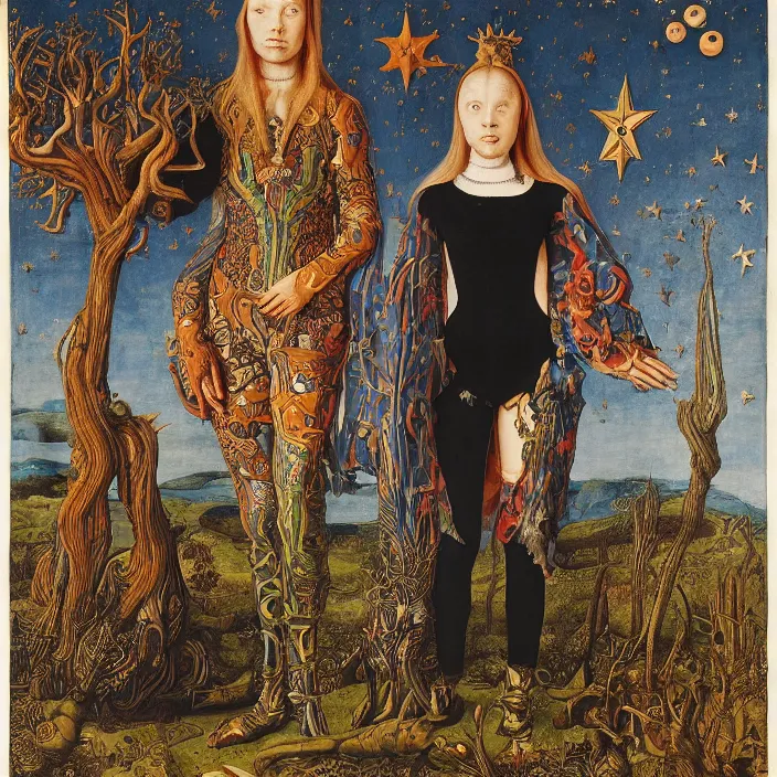 Image similar to a wide landscape with a tattood priestess with animal stripes and antlers transforming into a tree while the stars shine above like flower by jan van eyck, ernst fuchs, nicholas kalmakoff, joep hommerson, character, full body, catsuit, max ernst, hans holbein, lace