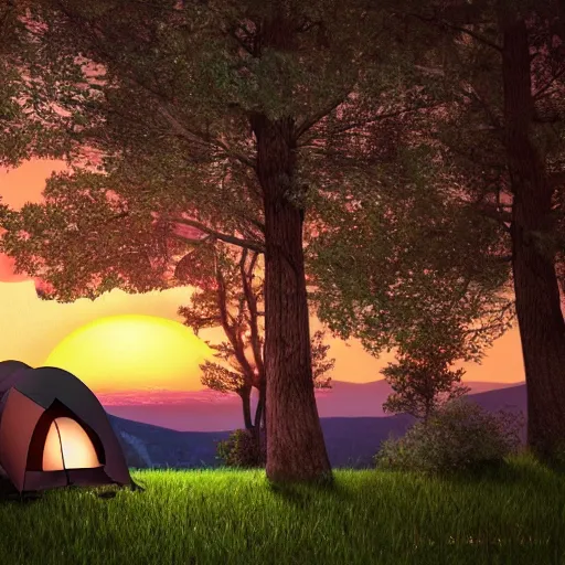 Prompt: Mountain campsite, sunset, landscape, photorealistic