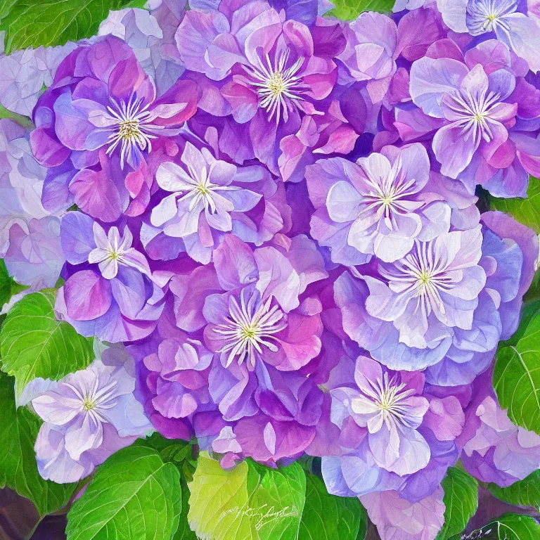 Image similar to a beautiful painting of hydrangea, clematis theme logo, clematis theme banner, clematis design, clematis in the deep sea, clematis like stars in the sky, hydrangea, trending on artstation, warm light, lovely and cute, fantasy art, 8 k resolution, highly detailed