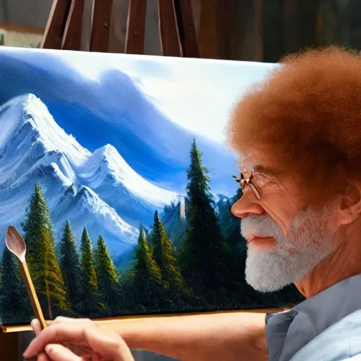 Image similar to a closeup photorealistic photograph of bob ross working on a canvas painting of elmo. film still. brightly lit scene. mountains and trees. this 4 k hd image is trending on artstation, featured on behance, well - rendered, extra crisp, features intricate detail, epic composition and the style of unreal engine.