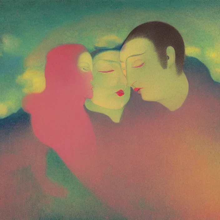 Image similar to close portrait of woman and man kissing. aurora borealis. iridescent, psychedelic colors. painting by balthus, agnes pelton, utamaro, monet