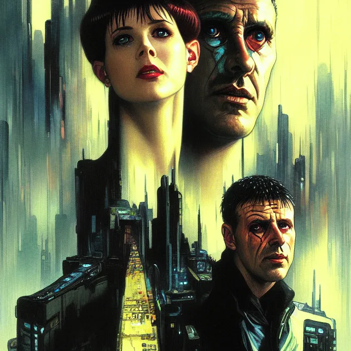 Prompt: excellent painted portrait of a replicant street vendor from blade runner (1982), cyberpunk blade runner art, character artwork, 8k resolution artwork, trending on artstation, detailed oil painting portrait, art by artgerm and greg rutkowski and alphonse mucha and craig mullins and James Jean and Andrei Riabovitchev and Marc Simonetti and peter mohrbacher, matte painting