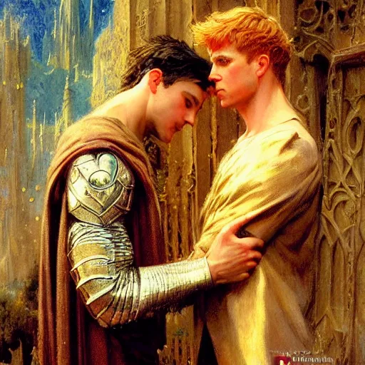 Prompt: arthur pendragon in love with male merlin the mage. they are in love. highly detailed painting by gaston bussiere, craig mullins, j. c. leyendecker