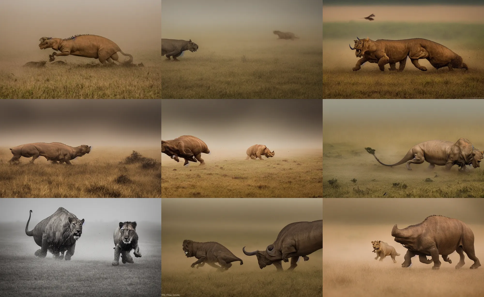 Prompt: nature photography of a distant triceratops chasing a lion, african savannah, rainfall, mud, fog, digital photograph, award winning, 5 0 mm, telephoto lens, national geographic