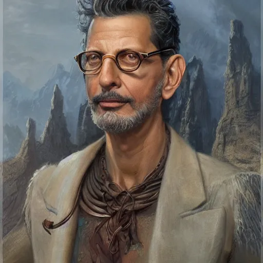 Image similar to jeff goldblum as a realistic fantasy d & d wizard, closeup portrait art by donato giancola and greg rutkowski, realistic face, digital art, trending on artstation