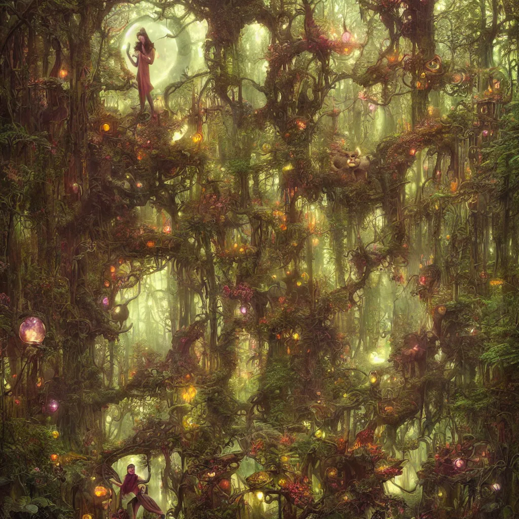 Image similar to a grinning trippy cat, center focused, matte painting, lush fairy forest, neon, concept art, schematics, gnarly details painted by tom bagshaw, norman rockwell, mucha, james gurney, high detail, denoised, sharp, architectural