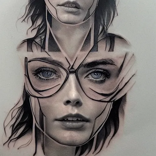 Prompt: double exposure tattoo design sketch of beautiful mountain scenery blend in margot robbie face, in the style of matteo pasqualin, amazing detail