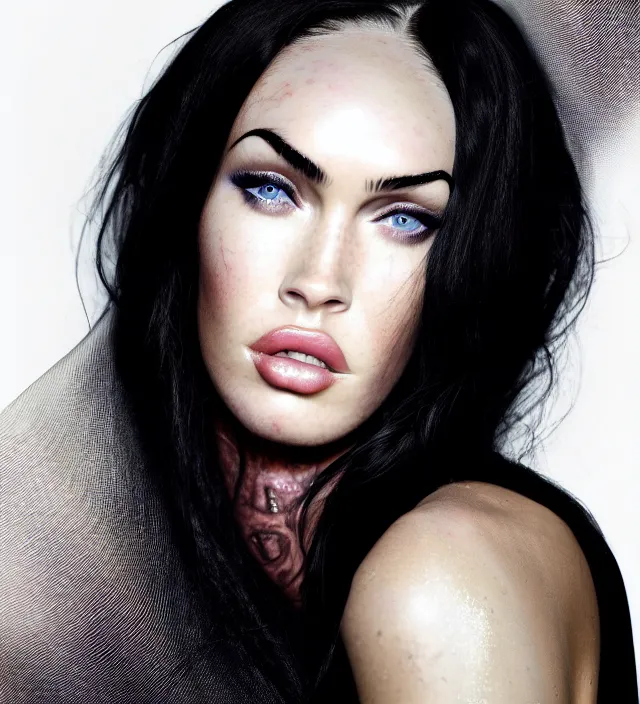 Image similar to photography facial portrait of megan fox, natural background, natural pose, wearing one organic futurist cape from iris - van - herpen, with a subtle colorfull - makeup. highly detailed, skin grain detail, photography by paolo roversi, nick knight, helmut newton, avedon, araki