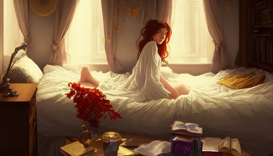 Prompt: small and cosy student bedroom, girl in bed, intricate, elegant, highly detailed, digital painting, artstation, concept art, smooth, sharp focus, illustration, art by artgerm and greg rutkowski and alphonse mucha, 8 k