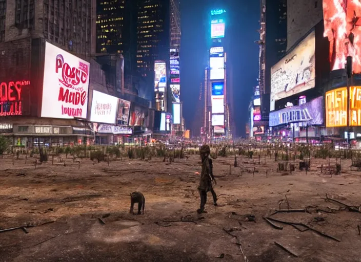 Image similar to film still of post apocalyptic empty time square at midnight, overgrown with wildlife walking through in the new sci - fi movie, 8 k