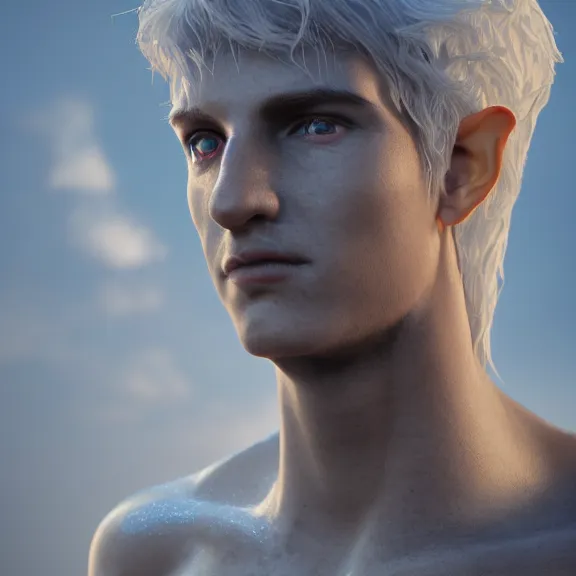 Prompt: a portrait of a glowing enchanted hard angelic heavenly male elf made of stone in heaven, fantasy, octane render, unreal engine, artstation, digital painting.