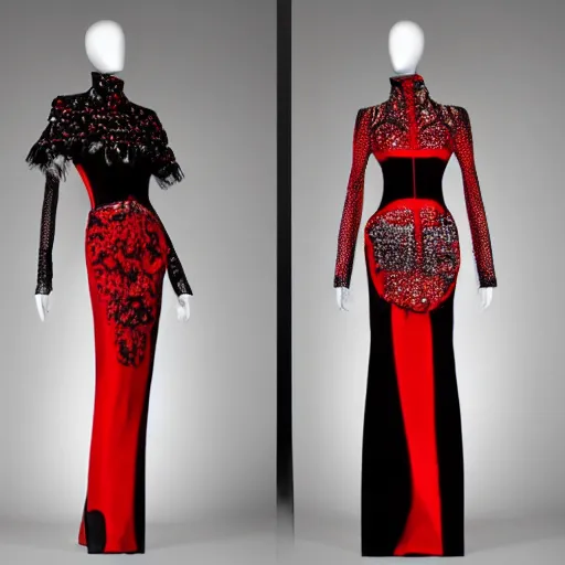 Prompt: black & red, silk, A full-length haute couture dress with avant garde design and highly detailed craftmanship, mesmorising, glowing