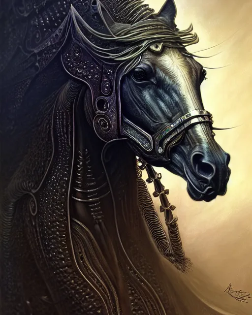 Prompt: fractal horse by giger, deep focus, d & d, dark fantasy, intricate glow accents, elegant, highly detailed, digital painting, artstation, concept art, matte, sharp focus, 8 k 3 d, hearthstone, art by artgerm and greg rutkowski and alphonse mucha