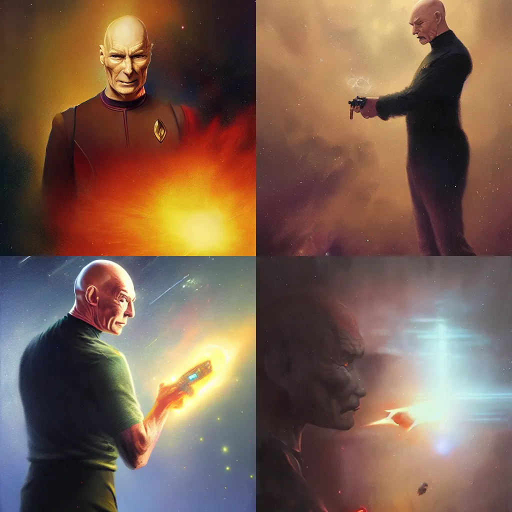 Prompt: UHD photorealistic Cosmic Feline-Humanoid Captain Picard firing a phaser in the style of tonalism by Greg Rutkowski