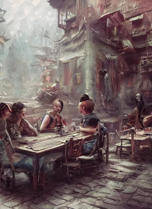 Prompt: painting of a group of people sitting at a table, a detailed painting by xie huan, cgsociety, fantasy art, creepypasta, dystopian art, 2 d game art