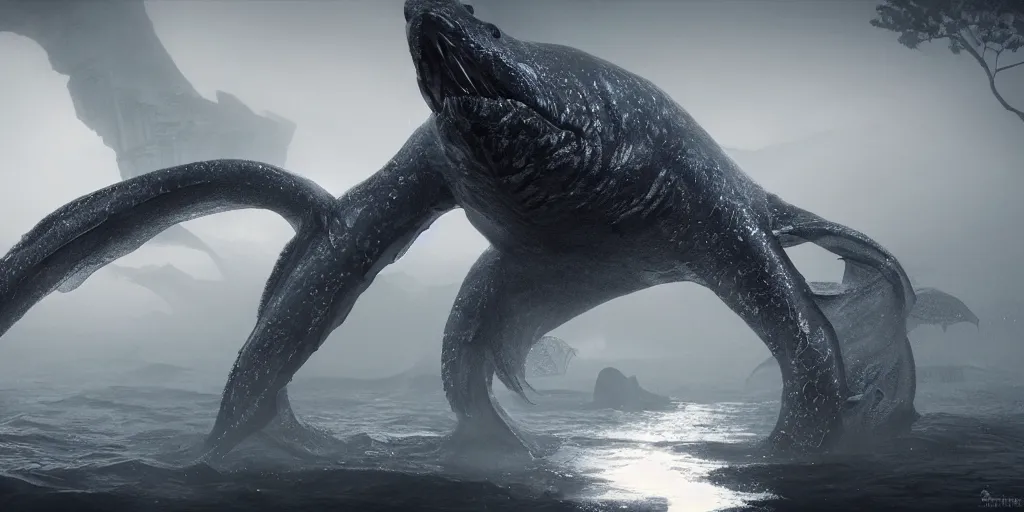 Image similar to the shadow over innsmouth, mutant fish, grand imposing powerful sculpture. swirls of mist. occult photorealism, uhd, amazing depth, volumetric lighting, cinematic lighting. epic landscape.