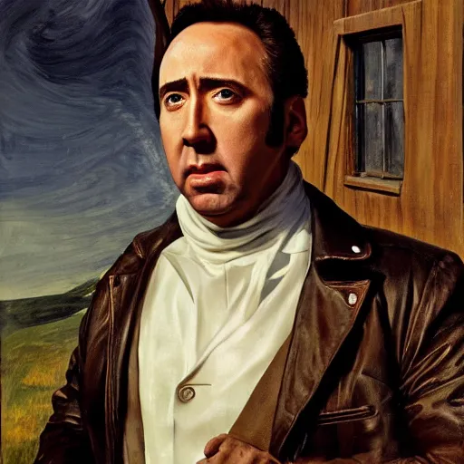 Image similar to Nicolas Cage as an Android, oil on canvas, golden hour, in the world of Andrew Wyeth, artstation, by J. C. Leyendecker and Peter Paul Rubens,