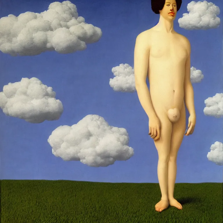 Image similar to cloud - man, by rene magritte, centered, detailed painting, hd, hq, high resolution, high detail, 4 k, 8 k