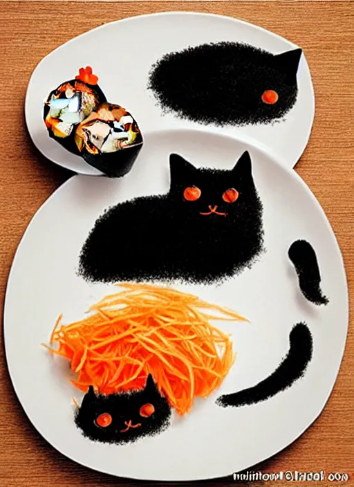 Image similar to clear surrealist painting of adorable cats made from sushi rice, sitting on sushi plates with garnish