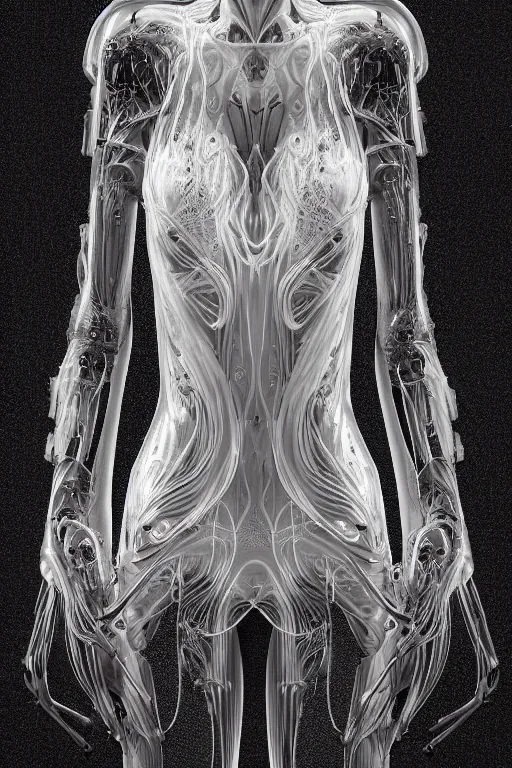 Image similar to iris van herpen, perfect symmetrical body, full body shot, inflateble shapes, wires, tubes, veins, jellyfish, white biomechanical details, wearing epic bionic cyborg implants, masterpiece, intricate, biopunk, vogue, highly detailed, artstation, concept art, cyberpunk, octane render