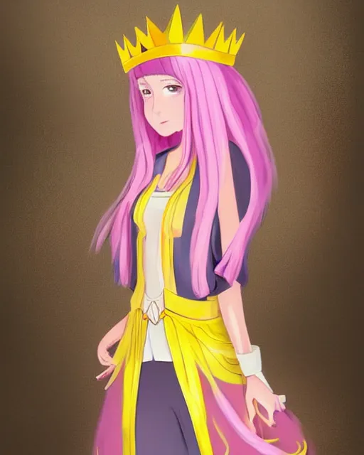 Image similar to concept art of a princess, she has pink hair and a yellow crown, anime art, digital painting, hd, smooth, full body shot, tran ross