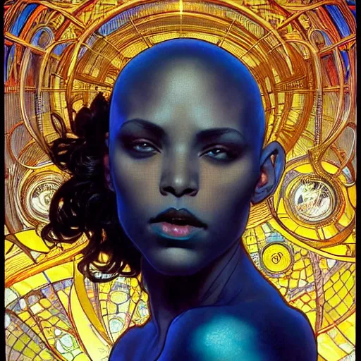 Prompt: realistic detailed face portrait of a black woman, bald, glowing blue circuits, cyberpunk, by alphonse mucha, amano, karol bak, greg hildebrandt, jean delville, and mark brooks, art nouveau, neo - gothic, gothic, rich deep moody colors