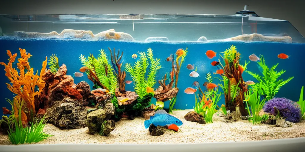 Prompt: fish tank in hospital waiting room. hands in tank. plasticine model. newt. figures clay. weird. surreal. tropical fish tank with sand. strange. bubbles. tilt shift. tank. fighting fish. aquatic photography. photorealistic.