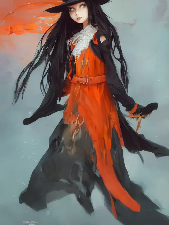 Image similar to Full shot of a cute mischievous young witch about to get up to some trouble. Latin American fashion. Black and Orange palette. Latina girl. From Encanto. By Ruan Jia and Artgerm and Range Murata and WLOP and CLAMP and Loish. Key Art. Fantasy Illustration. award winning, Artstation, intricate details, realistic, Hyperdetailed, 8k resolution.