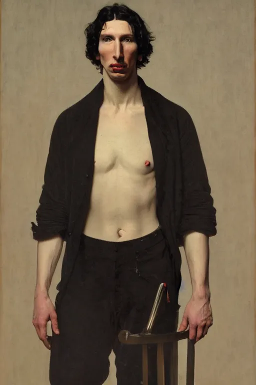 Image similar to body portrait of Adam Driver, colour painting by norman rockwell, guidi prime background by carl spitzweg