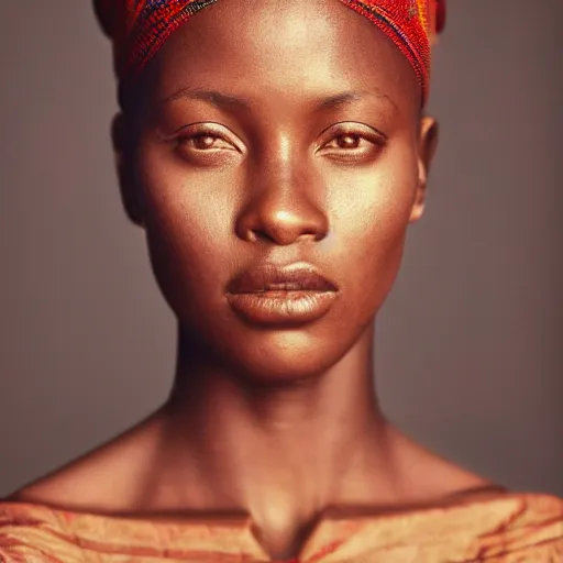 Image similar to vintage portrait of a stunningly beautiful west african female, depth of field, zeiss lens, detailed, symmetrical, centered, fashion photoshoot, by edward s curtis, Annie Leibovitz and Steve McCurry, David Lazar, Jimmy Nelsson, Breathtaking, 8k resolution, extremely detailed, beautiful, establishing shot, artistic, hyperrealistic, beautiful face, octane render