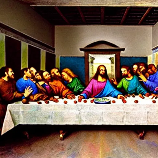 Image similar to on the wall of a gray building, a colorful spray-painted graffiti of The Last Supper by Da Vinci