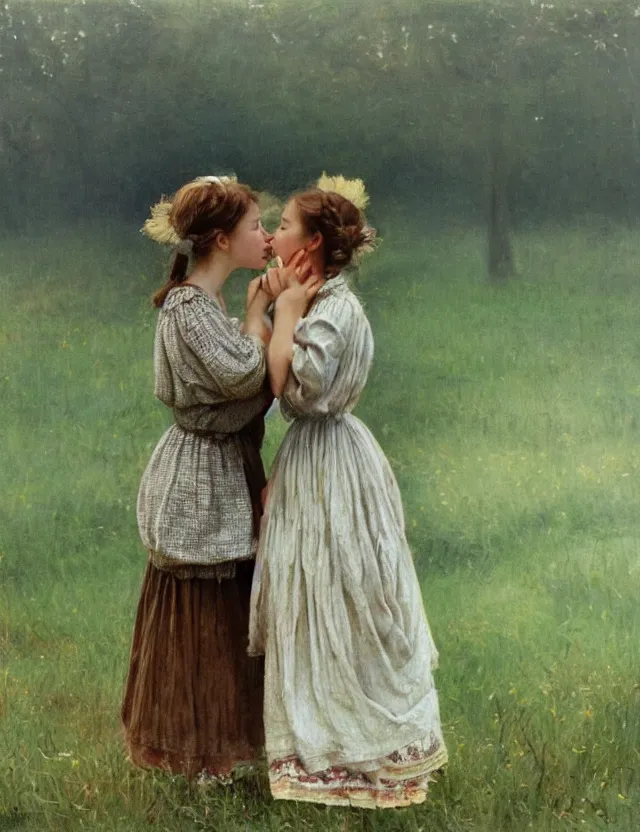 Image similar to peasant girls kissing on a farm, lolita style, Cottage core, Cinematic focus, Polaroid photo, vintage, neutral colors, soft lights, foggy, by Steve Hanks, by Serov Valentin, by Andrei Tarkovsky, by Terrence Malick, 8k render, detailed, oil on canvas