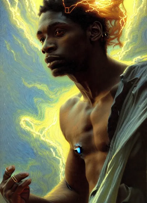 Image similar to young black man, god of lightning, flowing robes, powerful, smug expression, highly detailed painting by gaston bussiere, craig mullins, j. c. leyendecker 8 k, sparkling storm clouds