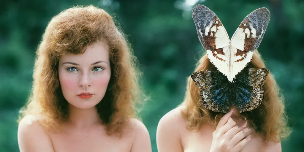 Prompt: a head and shoulders portrait of a beautiful woman with a big moth sitting on her face. Vintage photograph, bokeh, 50mm f1.4, kodak ektar