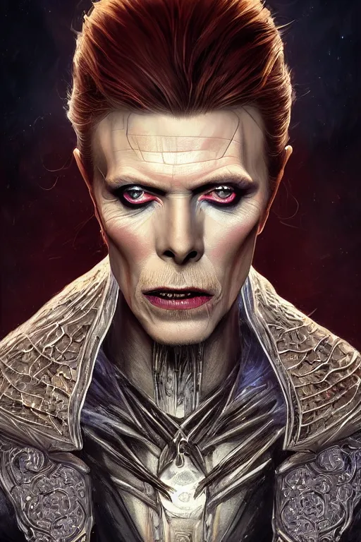 Prompt: ultra realistic illustration, vampire king david bowie from diablo and baldurs gate, intricate, elegant, highly detailed, digital painting, artstation, concept art, smooth, sharp focus, illustration, art by artgerm and greg rutkowski and alphonse mucha