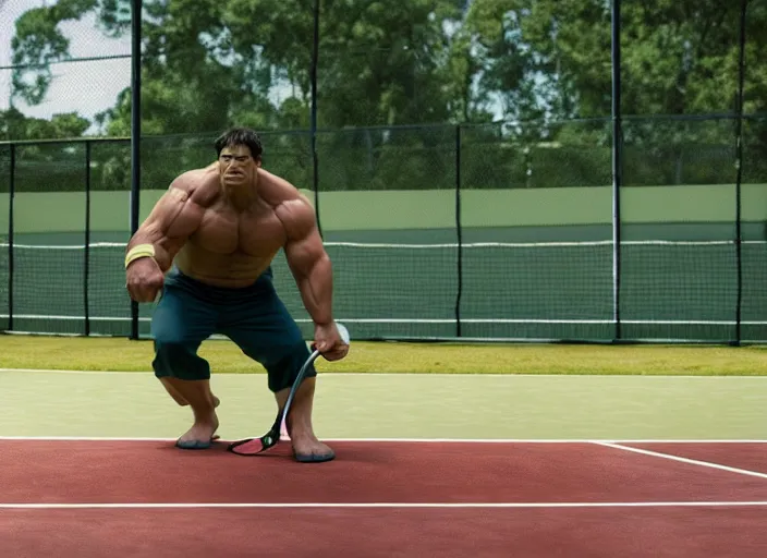 Image similar to film still of hulk playing tennis in the new avengers movie, 4 k