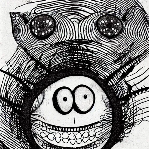 Image similar to a giant deformed cat with spider legs and a thousand eyes, by junji ito.