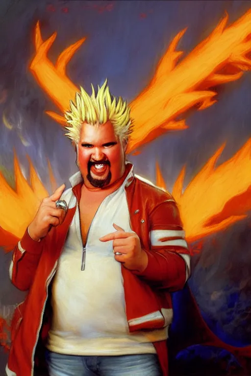 Prompt: guy fieri with a charizard painting by gaston bussiere, craig mullins