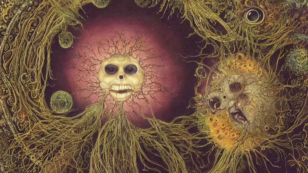 Prompt: a beautiful dreamy painting of a coronavirus inside a high-resolution television screen, smiling alien, face, dark, sinister, detailed, art by Ernst Haeckel and Matt Lombardi