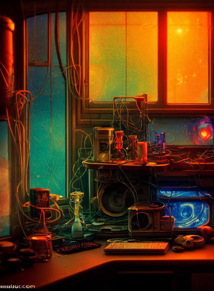 Image similar to telephoto 7 0 mm f / 2. 8 iso 2 0 0 photograph depicting the feeling of chrysalism in a cosy cluttered french sci - fi ( ( art nouveau ) ) cyberpunk apartment in a dreamstate art cinema style. ( ( computer screens, window rain, lava lamp, sink ( ( ( fish tank ) ) ) ) ), ambient light.