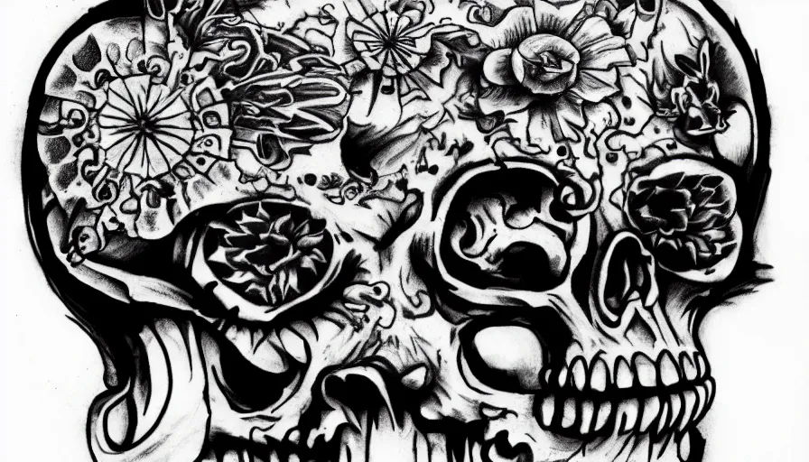 Image similar to highly detailed skull, Japanese ornament, tattoo ink sketch, isolated on white background