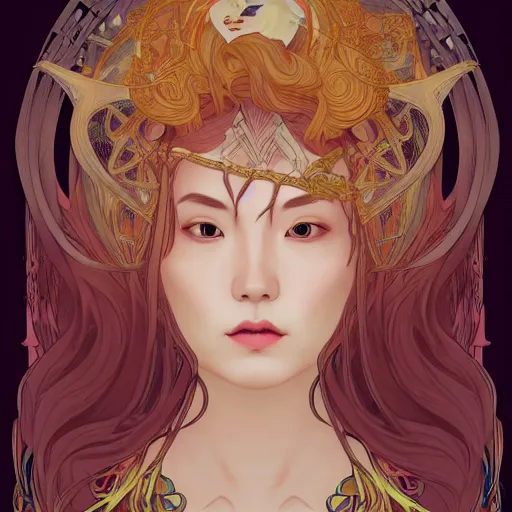 Image similar to asian, queen of monsters, symmetrical face, symmetrical body, artgerm, flowing hair, portrait, muted colors, artstation, character concept art, border and embellishments inspiried by alphonse mucha, fractals in the background, galaxy