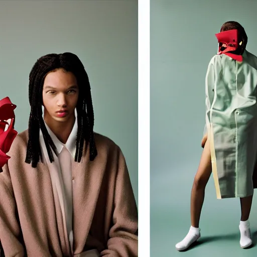 Image similar to realistic photoshooting for a new issey miyake lookbook, color film photography, portrait of a beautiful woman, by photo in style of tyler mitchell, wes anderson, julia hetta, tim walker, petra collins, 3 5 mm,