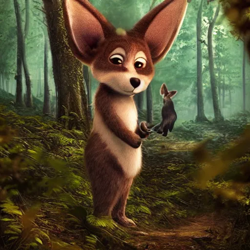 Image similar to a cute furry creature with long ears standing in a forest, michael kutsche, cinematic lighting